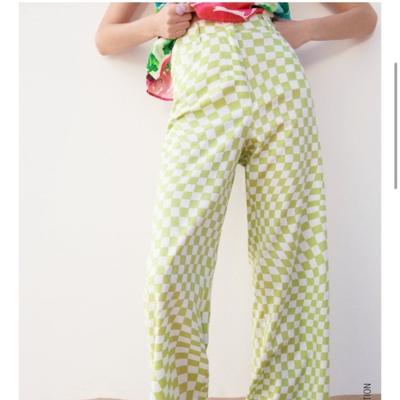 BRAND NEW W/ TAGS Zara White and Green Checkered Linen Pants Size L - Picture 4 of 9